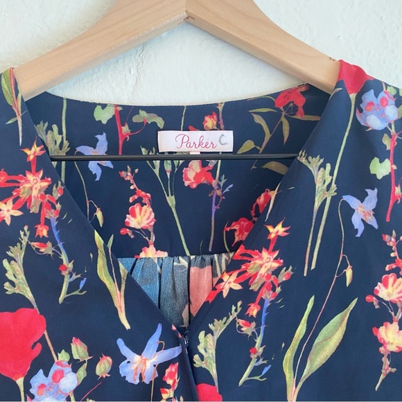 Parker Blue and Red Bell Sleeve Blouse with Tie Front 100 silk - Picture 2 of 7